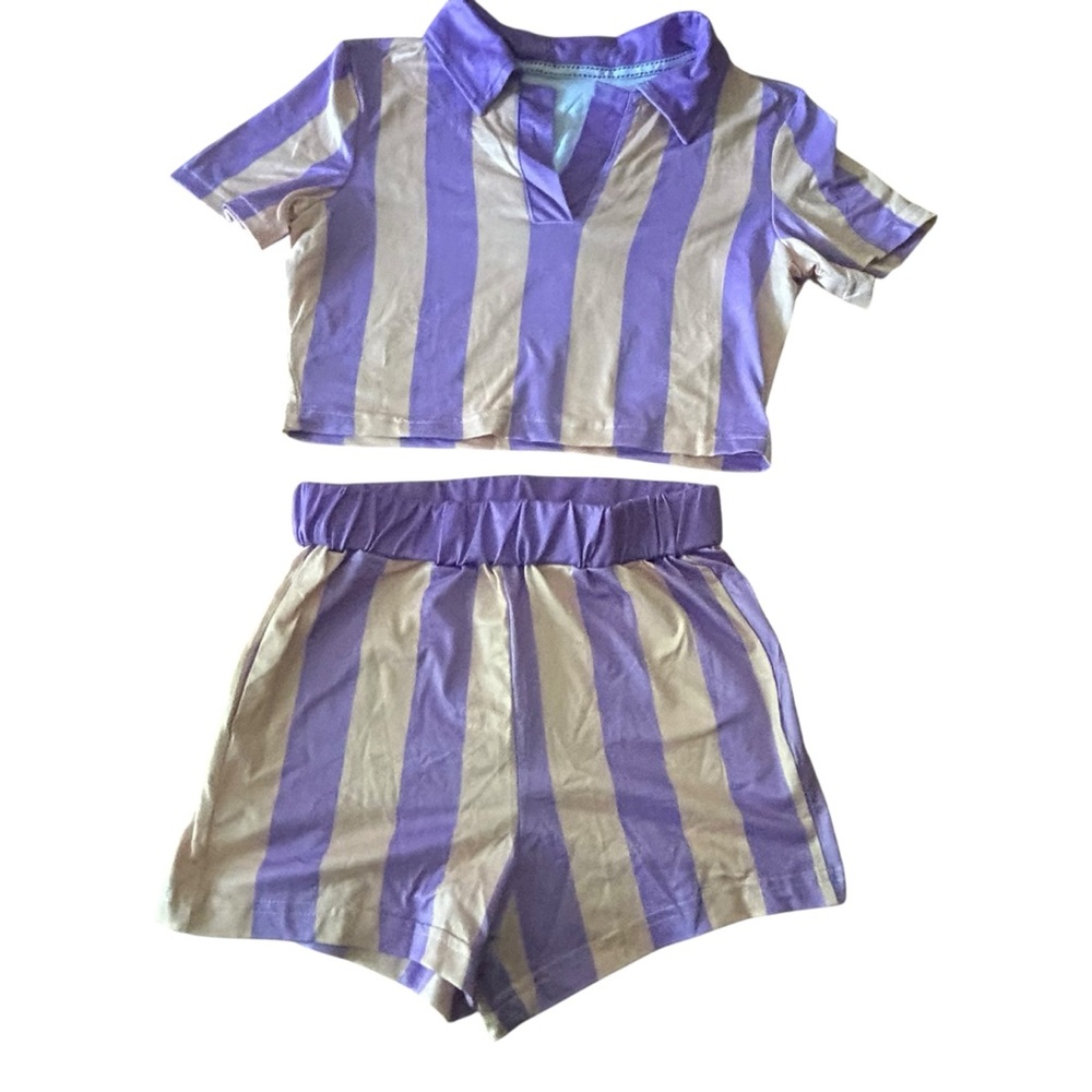 Shein Striped Short Sleeve Crop Top & Shorts‎ Set - Purple & Beige XS